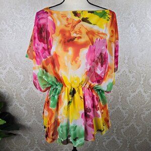 Le Moda One Size Sheer Floral Print Swim Cover Up Elastic Waist Armholes